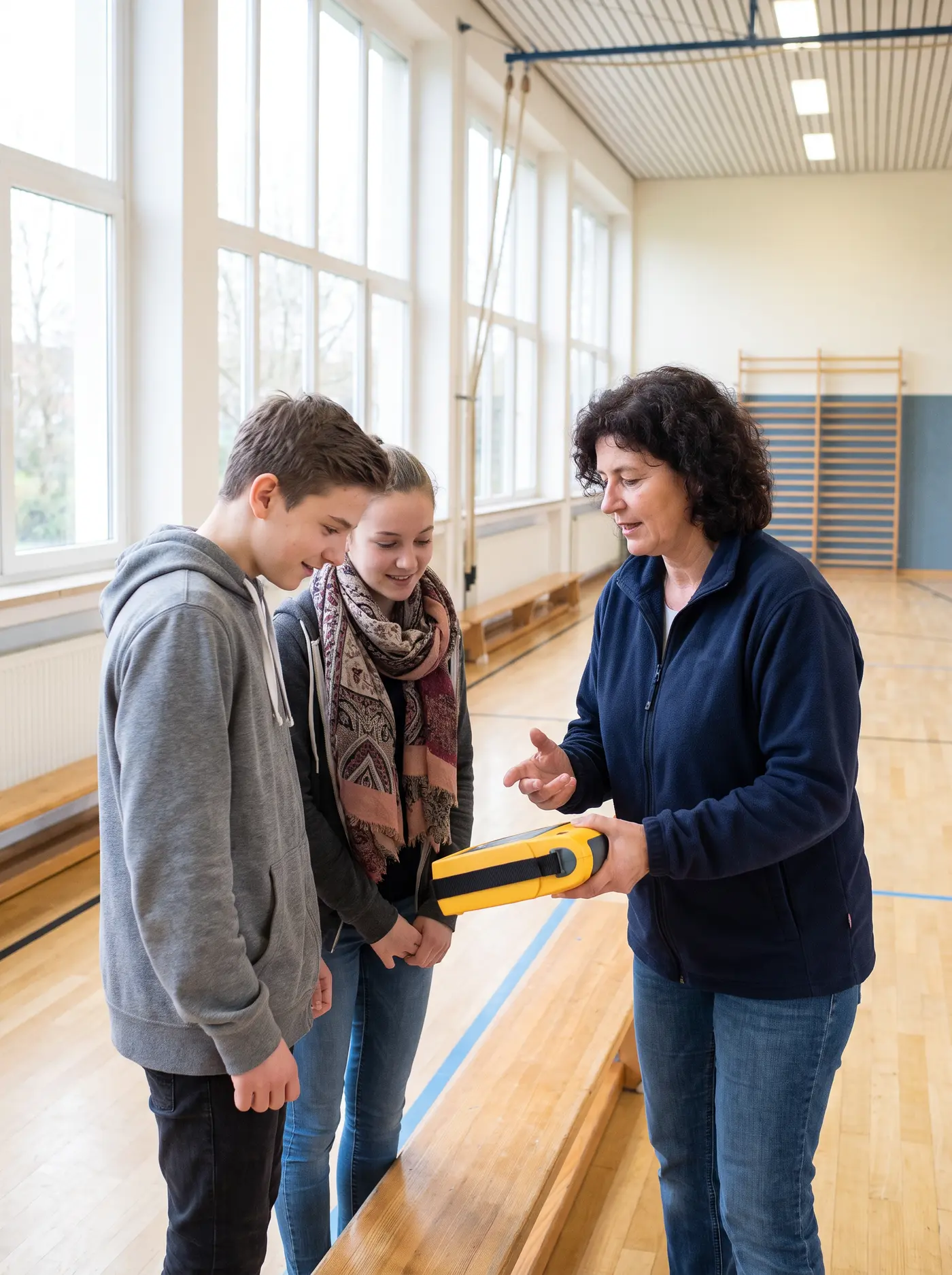 Eine Ausbilderin zeigt zwei Jugendlichen einen Defibrillator in einer Sporthalle